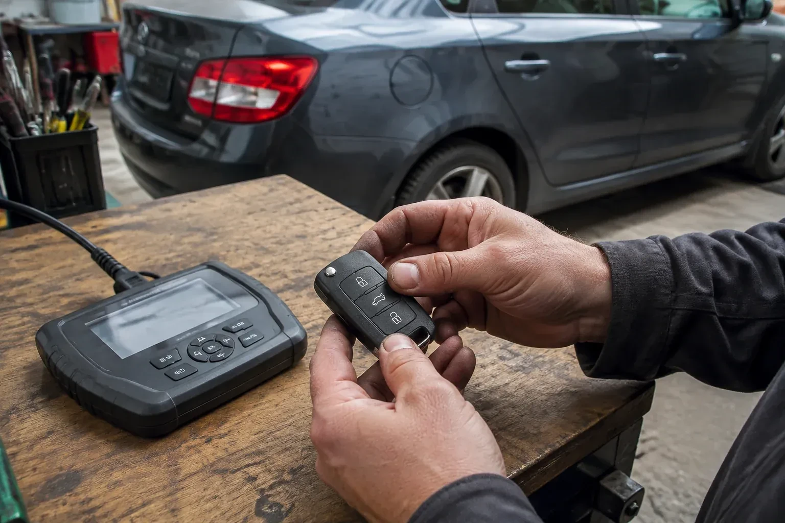 Hands holding a black car key fob above a workbench, beside a wired handheld device with a screen. — Car Key Replacement, Brantford