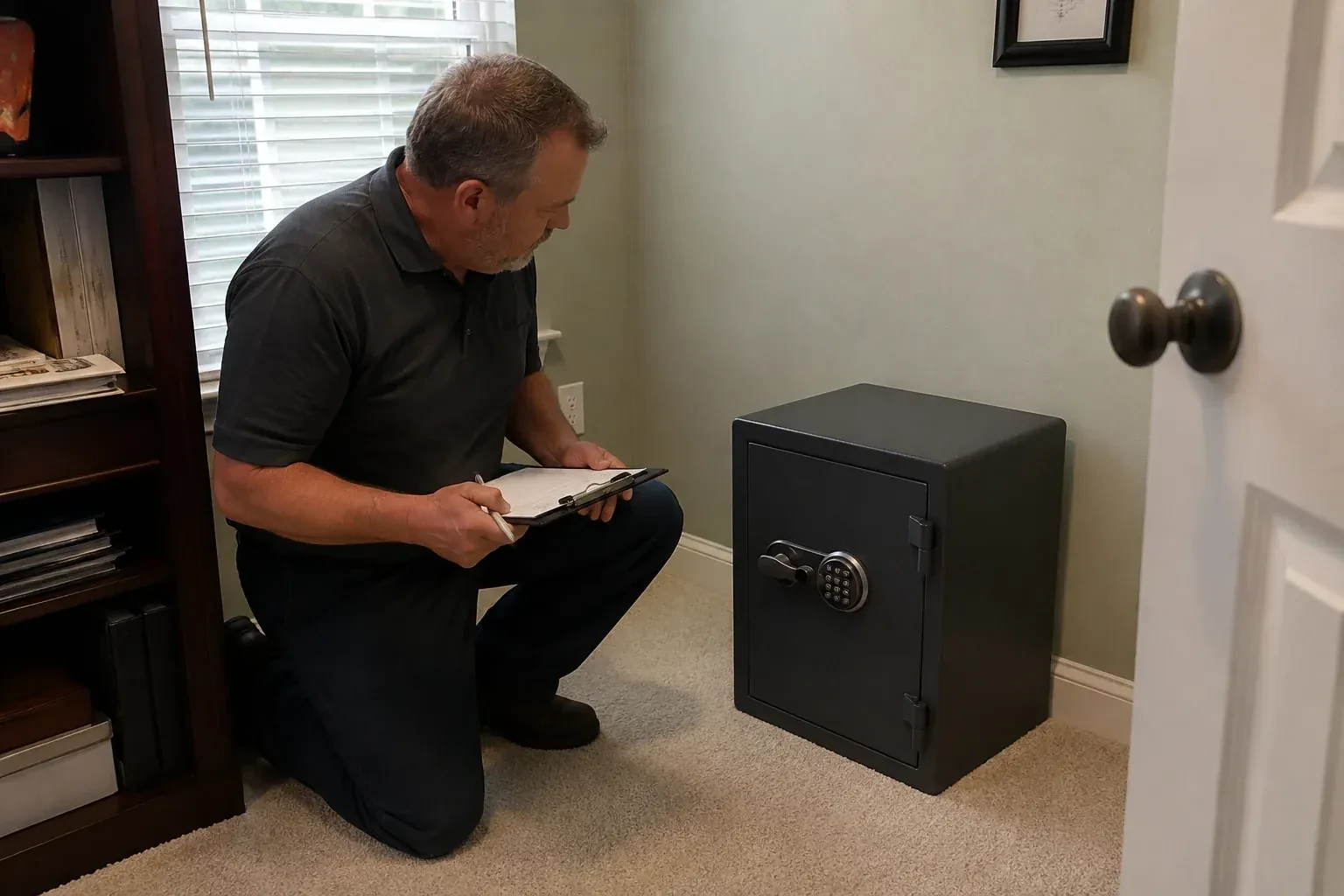 Person holding a clipboard beside a closed black safe with a circular keypad in a carpeted room. — Safe Installation & Servicing, Brantford