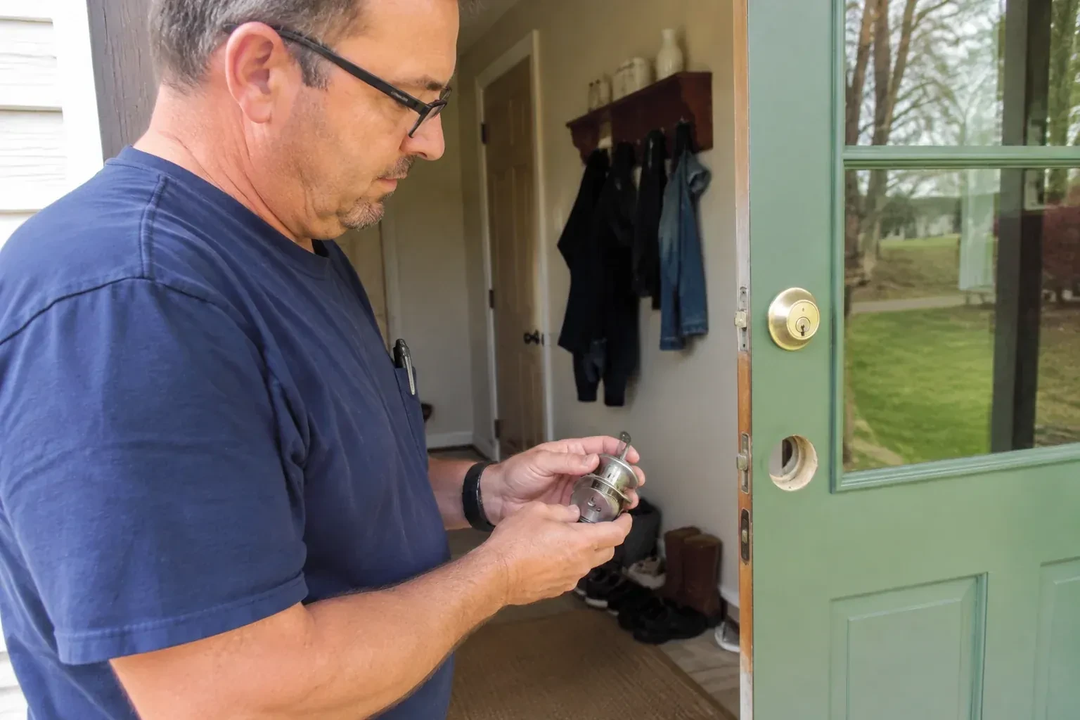 Person holding a cylindrical door-lock assembly beside an open green glazed door with its lower lock opening exposed. — Seized & Jammed Lock Opening, Brantford