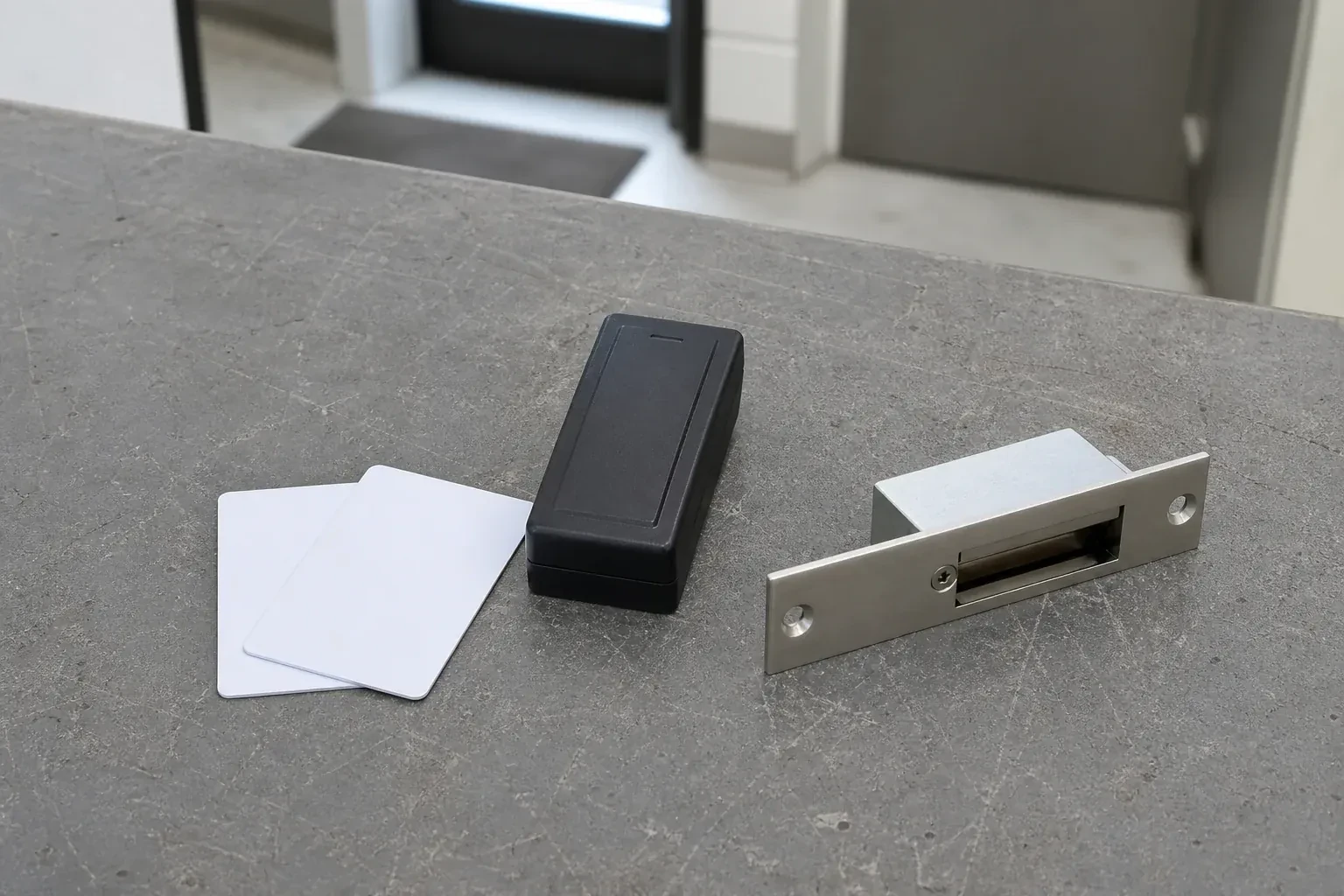 Detached card reader, two plain cards and an electric-strike component on a service bench. — Access Control Installation, Brantford