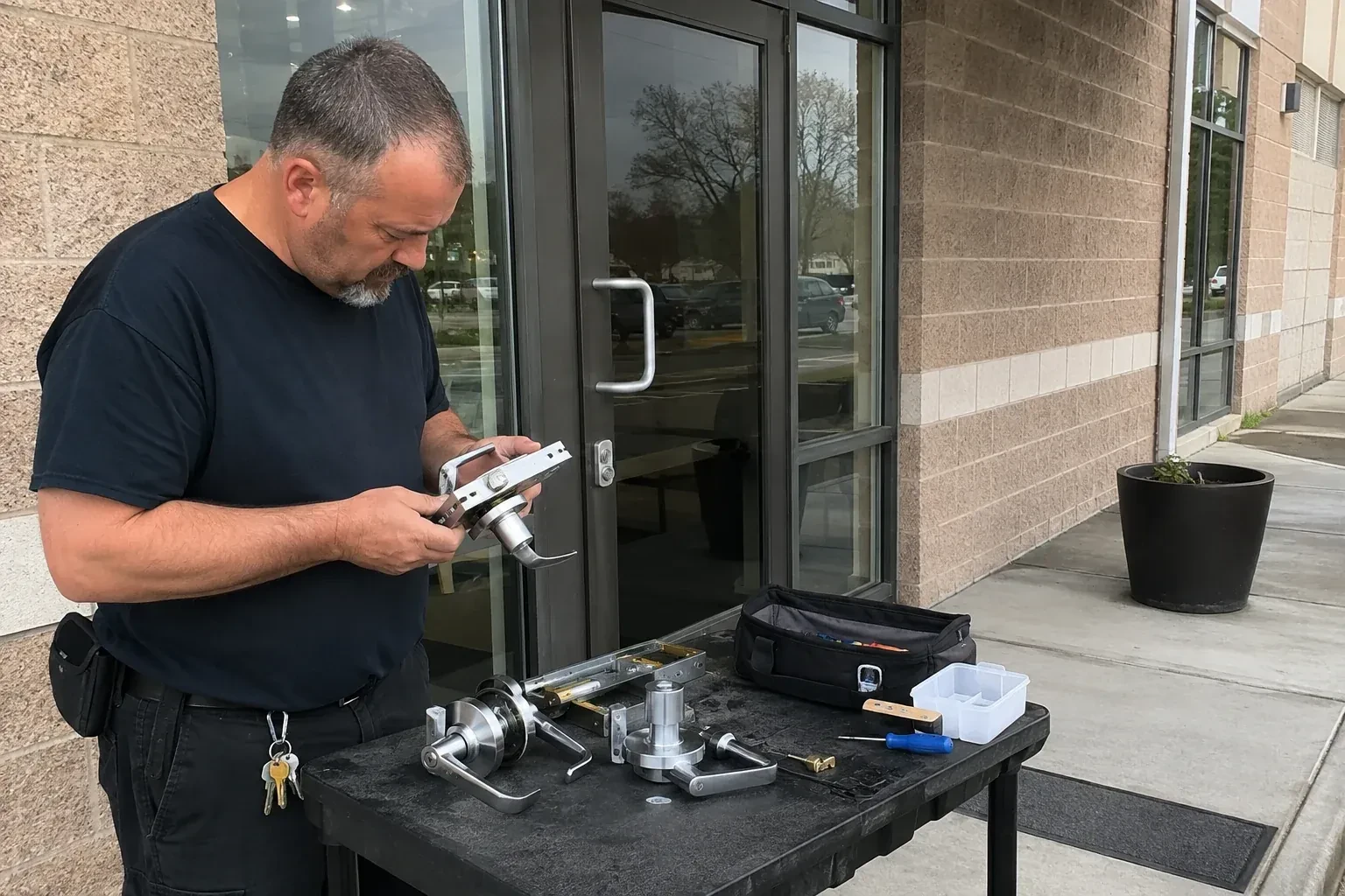 Person holding a door-handle and latch assembly at a worktable outside a glass entrance, with additional handles and tools laid out. — Commercial Rekeying, Brantford
