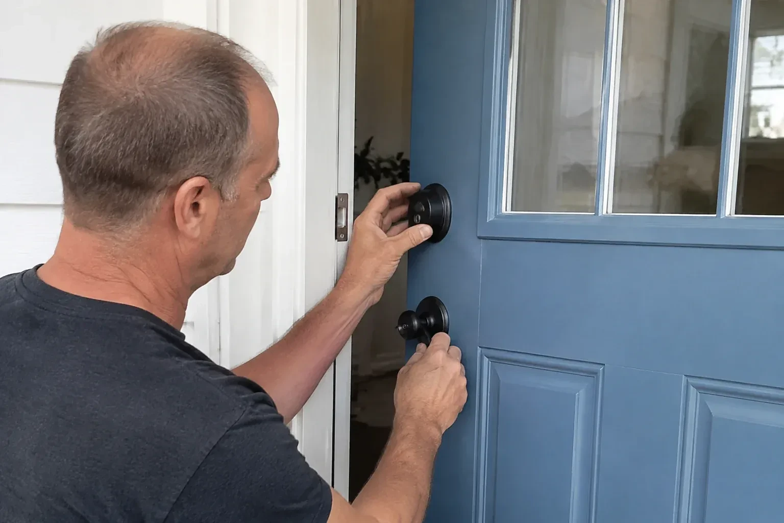 Person holding the black deadbolt and doorknob of a partly open blue front door. — Deadbolt Installation, Brantford
