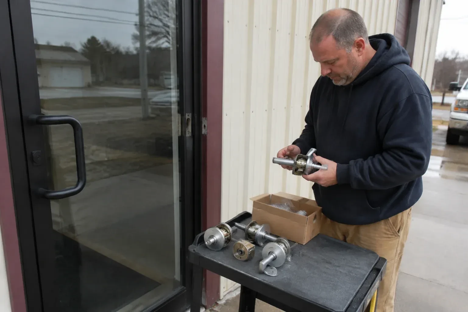 Person holding a door-handle assembly beside a glazed entrance, with more handle and lock components on a cart. — Commercial-Grade Lock Replacement, Brantford