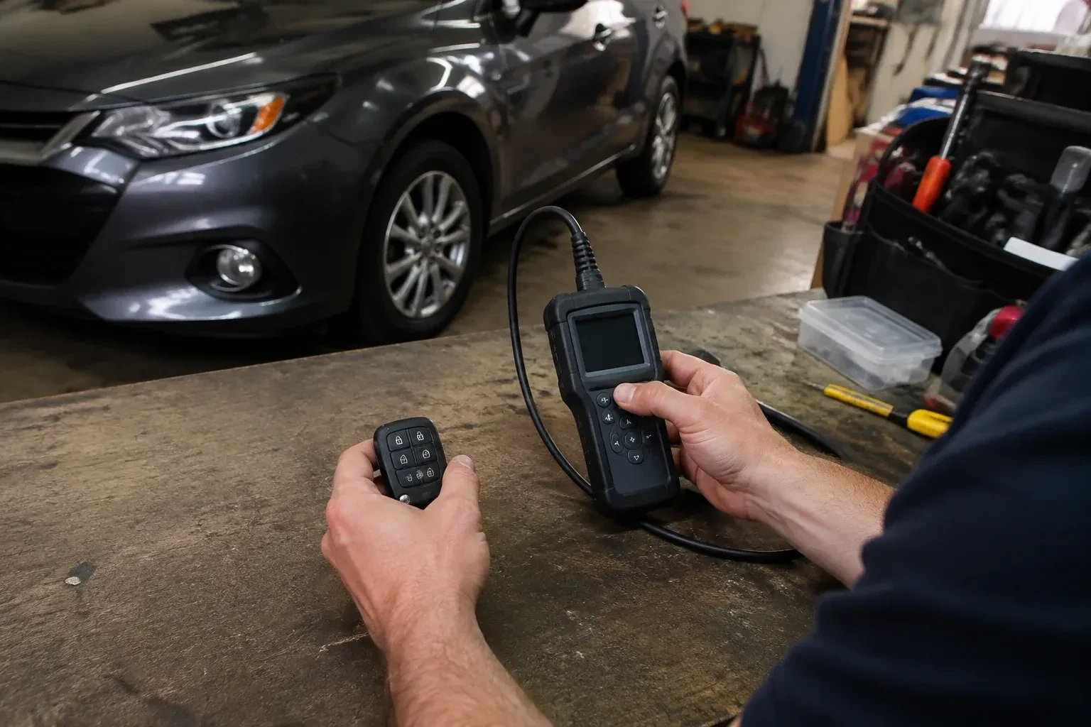 Hands holding a car-key fob and a small wired electronic device above a workbench in a garage with a parked car. — Key Fob Programming, Brantford