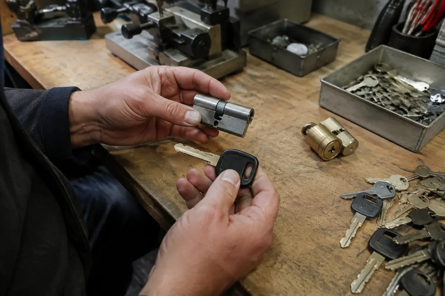 Hands holding a silver-colored lock cylinder and a black-headed key above a workbench with loose keys and another cylinder. — Spare Car Key Duplication, Brantford