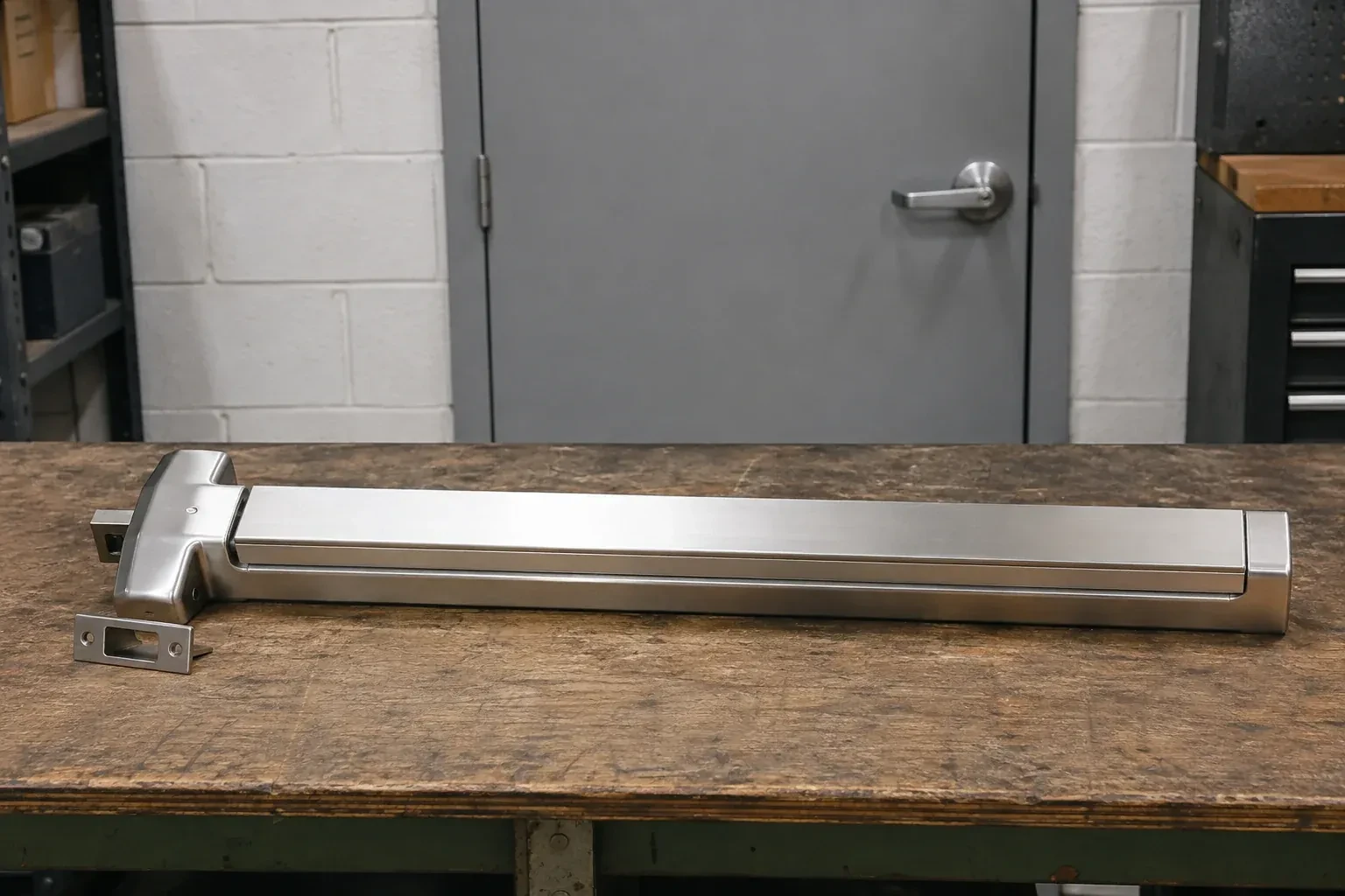 Detached horizontal exit device and separate strike component on a workshop bench. — Panic & Exit Hardware, Brantford