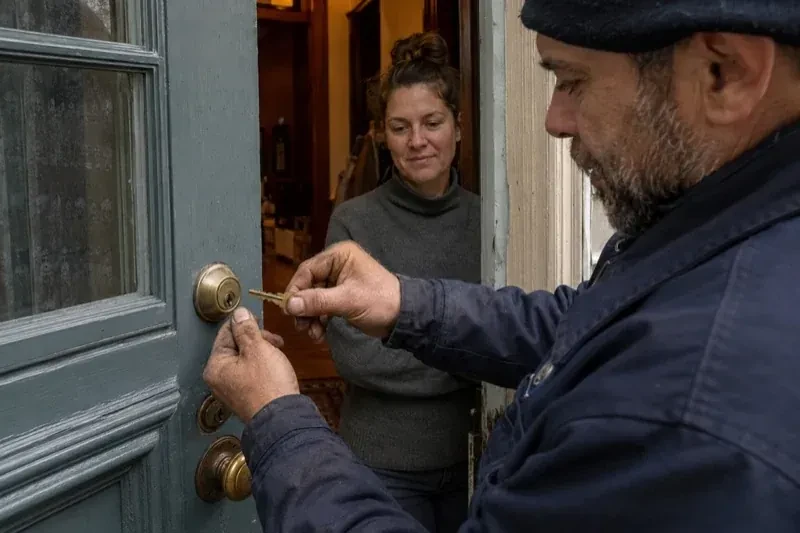 Person holding a key beside a brass-colored deadbolt on an open painted door while another person watches from inside. — Home Lockout Service, Brantford