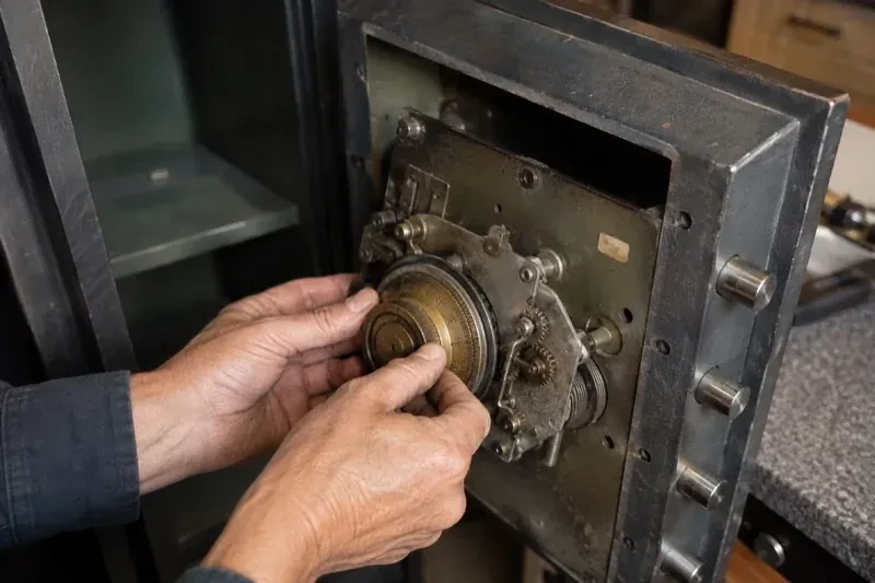 Hands holding a round metal component against the exposed mechanism inside an open safe door. — Safe Opening & Combination Change, Brantford