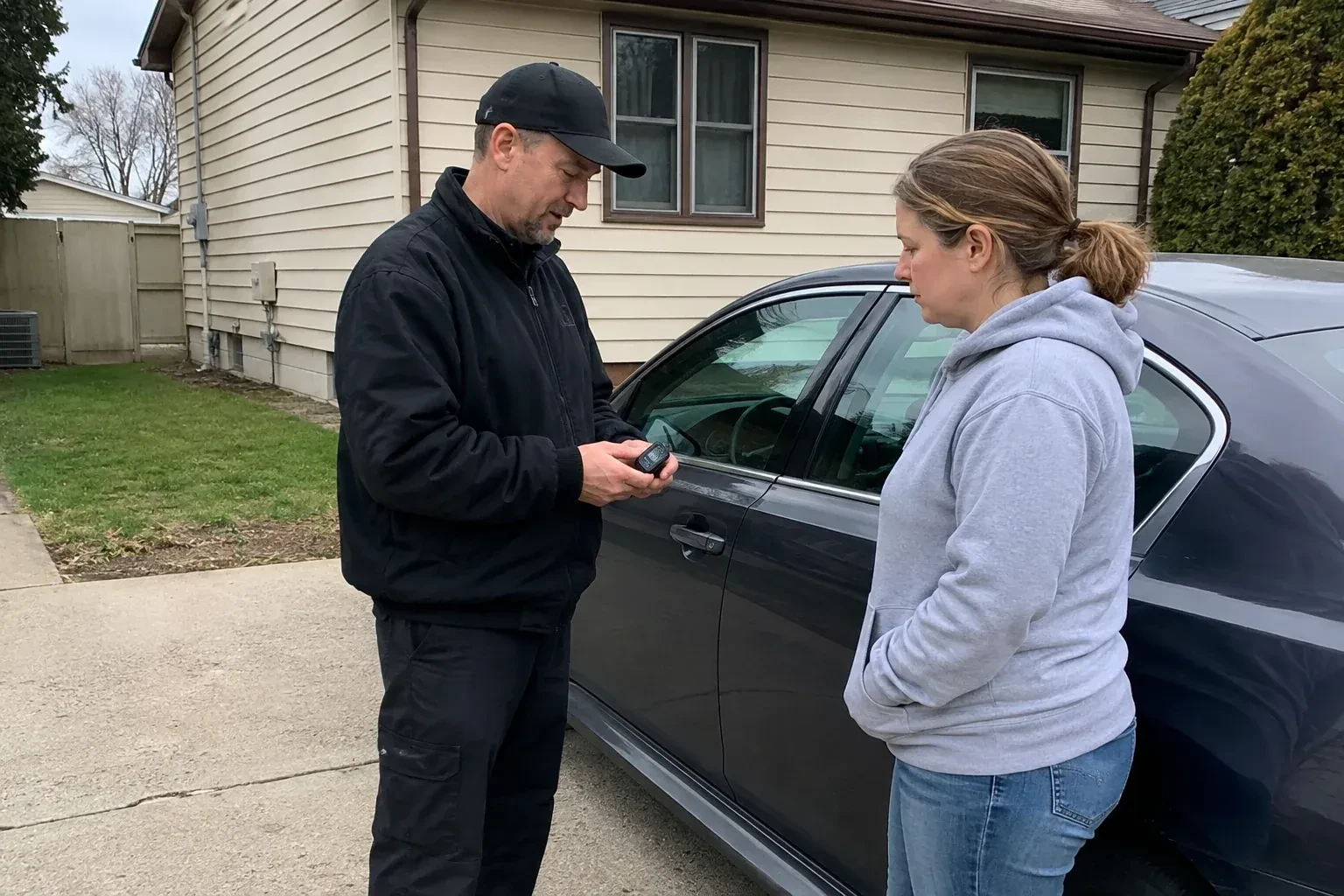 Two people standing beside a parked sedan, one wearing a cap and holding a small black device. — Vehicle Lock Repair, Brantford