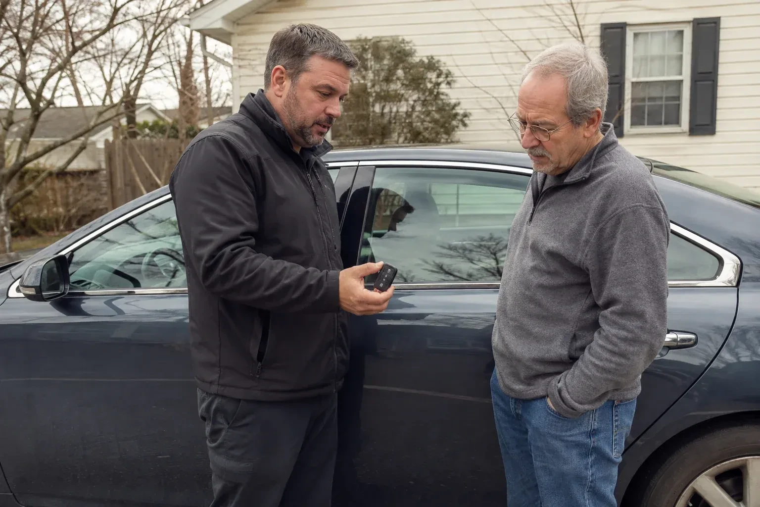 Two people beside a dark sedan, one holding up a black key fob. — Car Lockout Service, Brantford