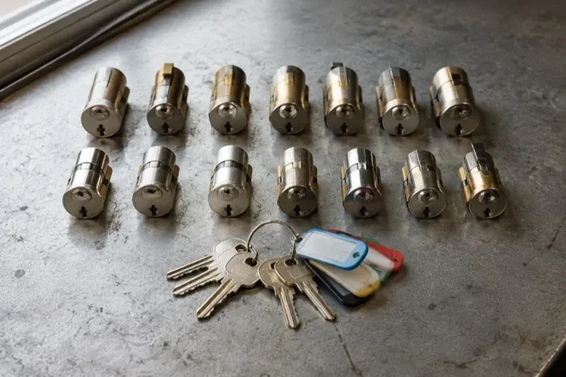 Two rows of lock cylinders on a metal surface with keys and colored key tags in front. — Master Key System Design, Brantford