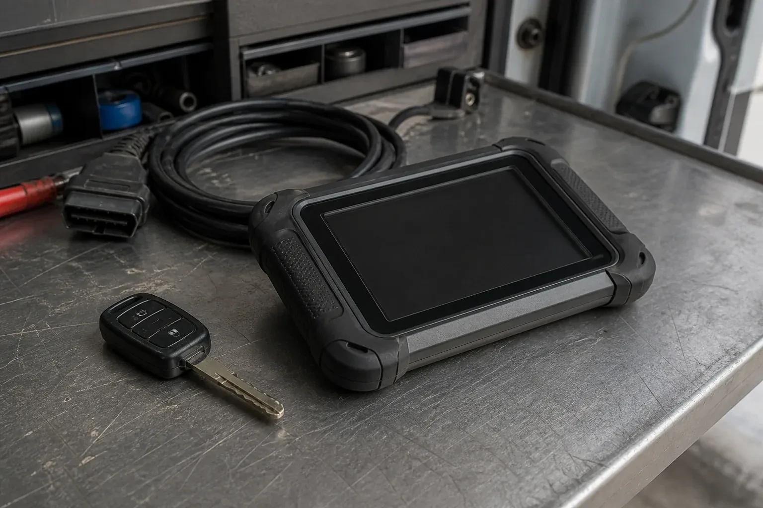 Vehicle key beside a dark diagnostic tablet and coiled connector cable on a workbench. — Transponder Key Programming, Brantford